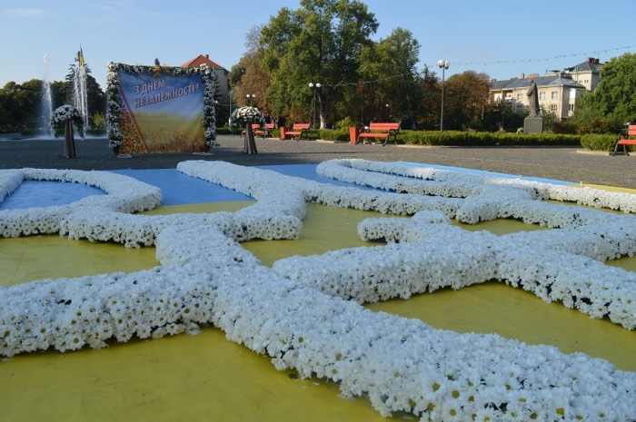 Три тисячі живих хризантем – флористи створили велетенський квітковий тризуб на головній площі Закарпаття