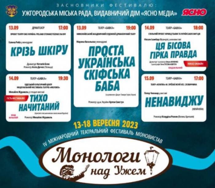 ІV Міжнародний фестиваль моновистав «Монологи над Ужем» відбудеться 13-18 вересня в Ужгороді