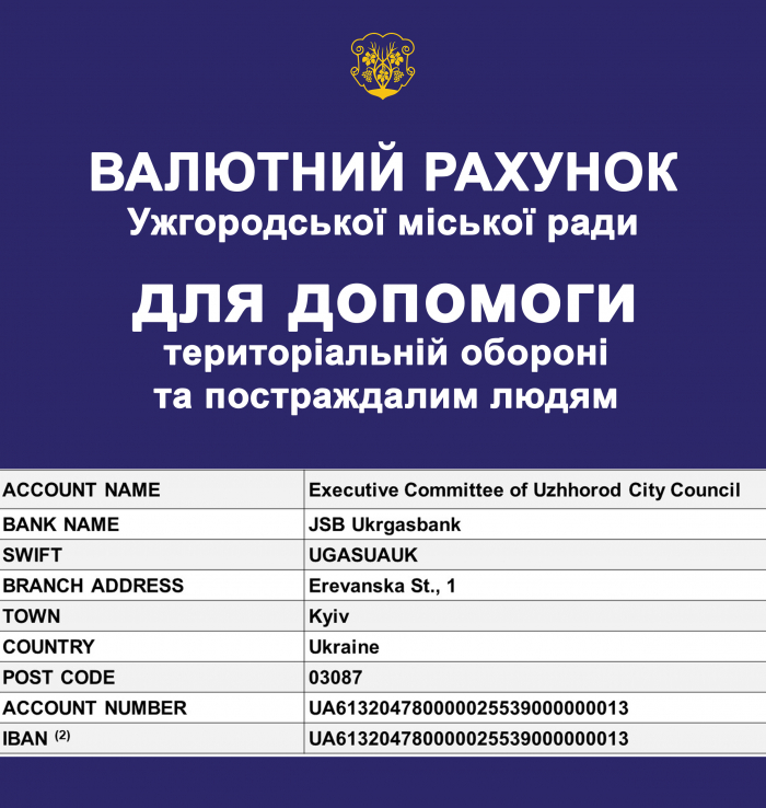 Новий, валютний, рахунок Ужгородської міськради для тих, хто хоче допомогти