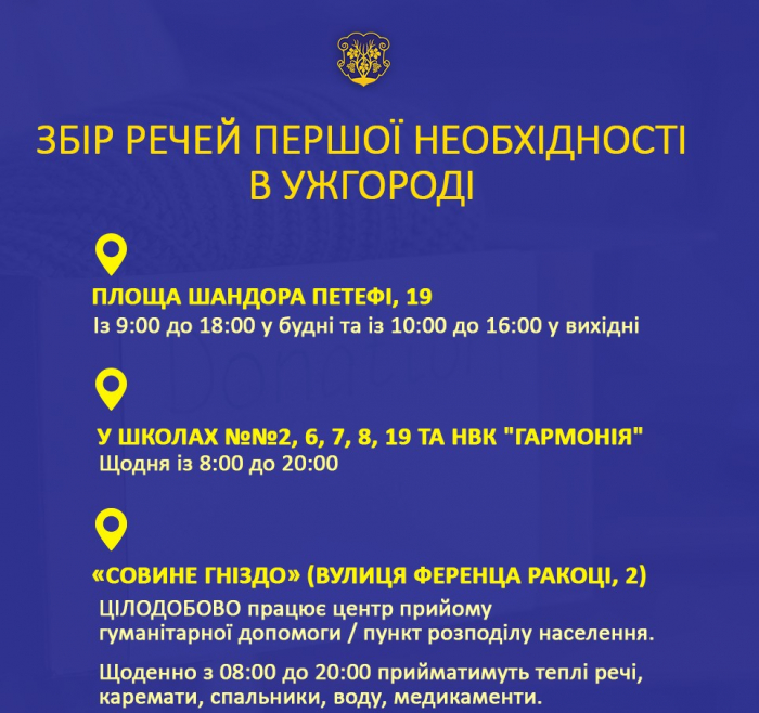 Актуальна інформація щодо пунктів збору допомоги в Ужгороді
