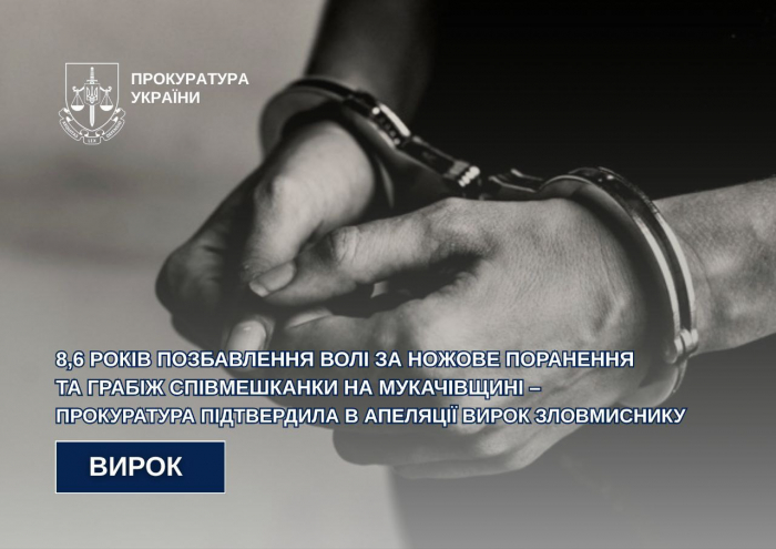 8,6 років позбавлення волі за ножове поранення та грабіж співмешканки на Мукачівщині – прокуратура підтвердила в апеляції вирок зловмиснику

