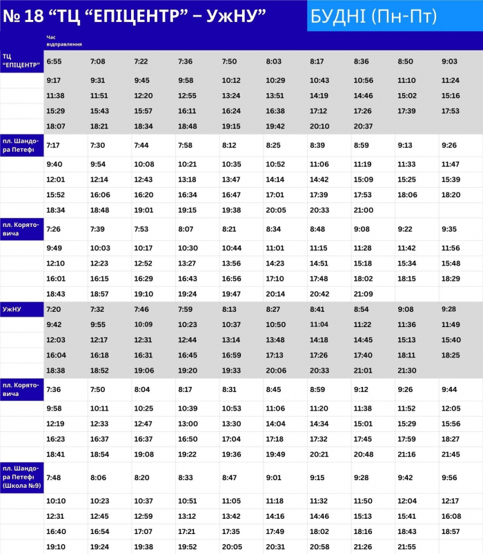 На маршруті №18 в Ужгороді змінено графік руху і збільшено кількість автобусів (ГРАФІК)