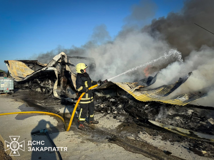 На Мукачівщині вогнеборці загасили масштабну пожежу в металевому складському приміщенні