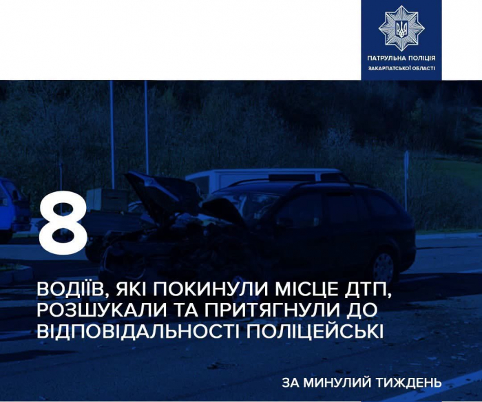 За минулий тиждень поліцейські Закарпатської області розшукали 8 водіїв, які залишили місце ДТП