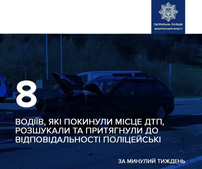 За минулий тиждень поліцейські Закарпатської області розшукали 8 водіїв, які залишили місце ДТП