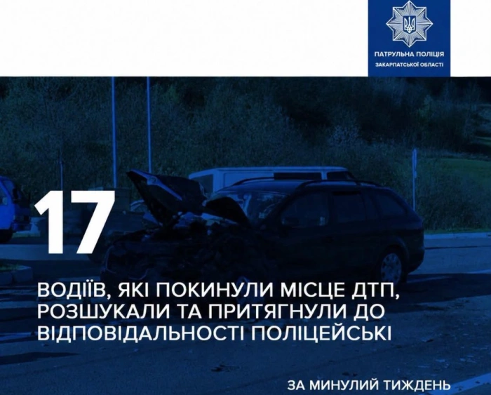 За минулий тиждень закарпатські поліцейські розшукали 17 водіїв, які залишили місце ДТП