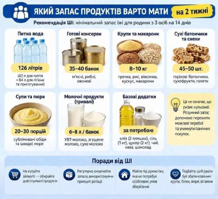 Через атаки рф українцям радять мати запас їжі щонайменше на 2 тижні